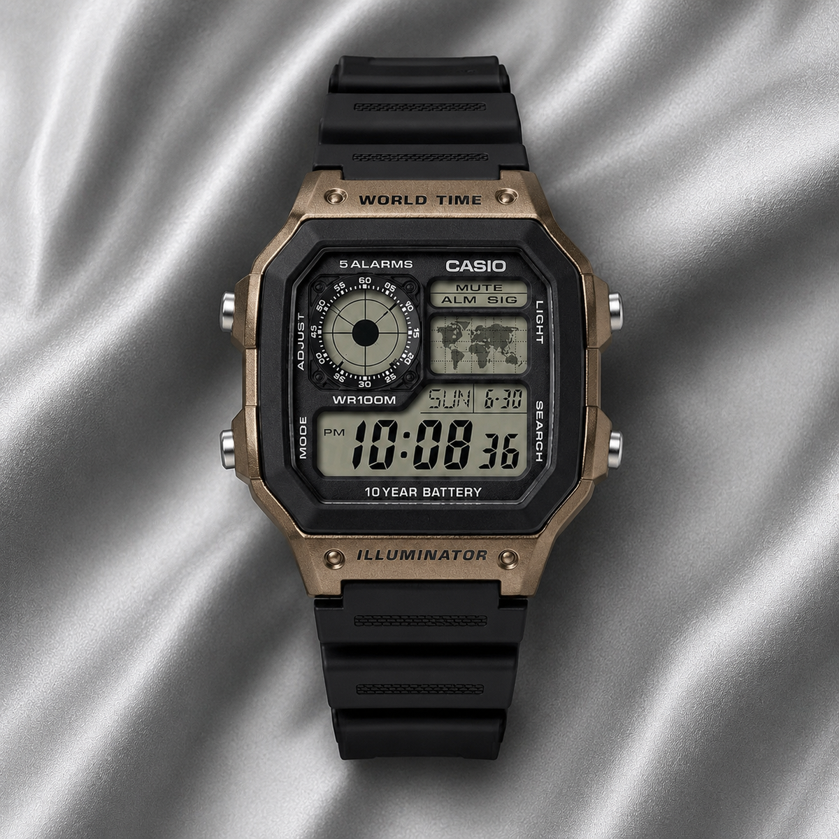 Casio AE-1200WH-5AV Illuminator Men’s Digital Watch, World Time, Black & Brown