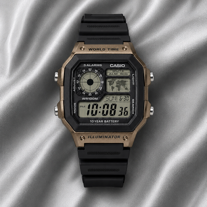 Casio AE-1200WH-5AV Illuminator Men’s Digital Watch, World Time, Black & Brown
