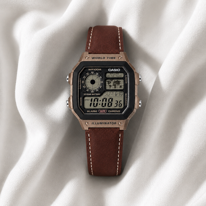Casio AE-1200WHL-5AV Men’s World Time Digital Watch, Brown Leather Strap