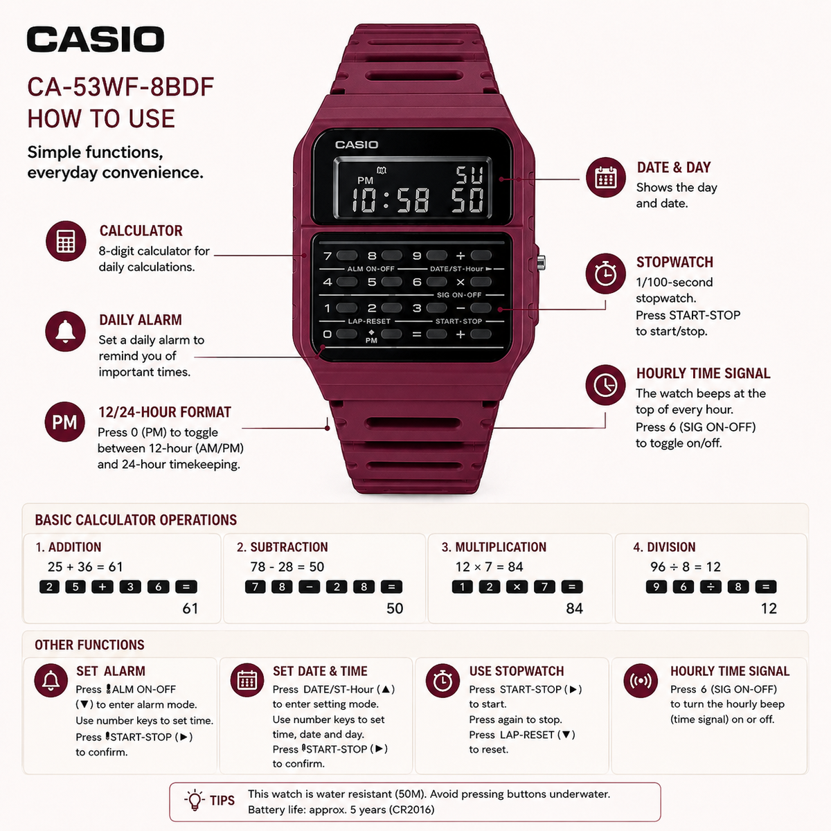 Casio CA-53WF-4B Unisex Calculator Digital Watch, 8-Digit Calculator, Retro Red