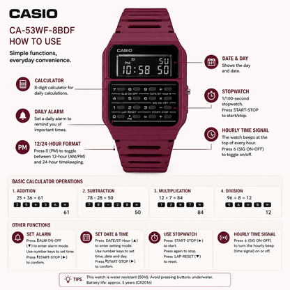 Casio CA-53WF-4B Unisex Calculator Digital Watch, 8-Digit Calculator, Retro Red