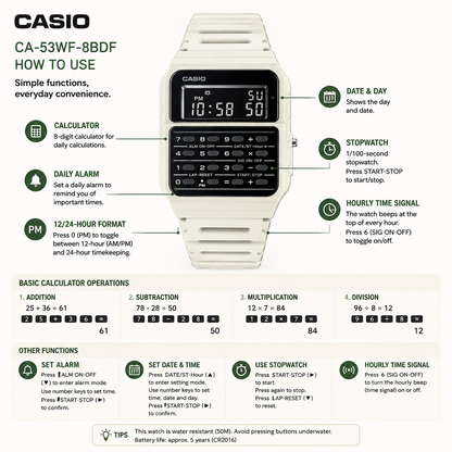 Casio CA-53WF-8B Unisex Calculator Digital Watch, 8-Digit Calculator, White