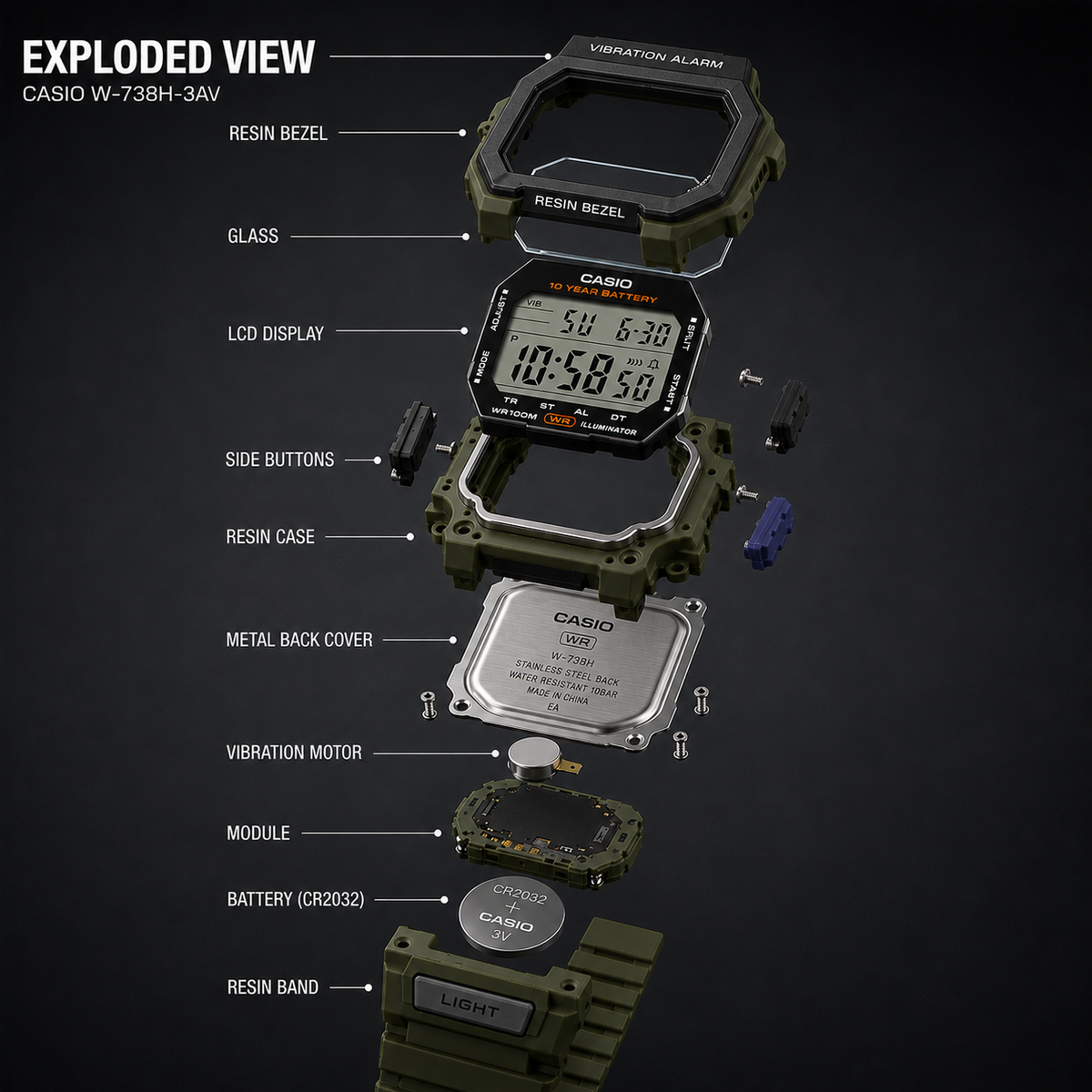 Casio W-738H-3AV Digital Sports Men’s Watch, Vibration Alarm, Dual Time, Green
