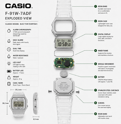 Casio F-91WS-7EF Classic Clear Unisex Digital Watch, Transparent Resin, Vintage Style