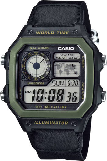 AE-1200WHB-1BV Men’s Digital Watch, World Time, 10-Year Battery, Green & Black