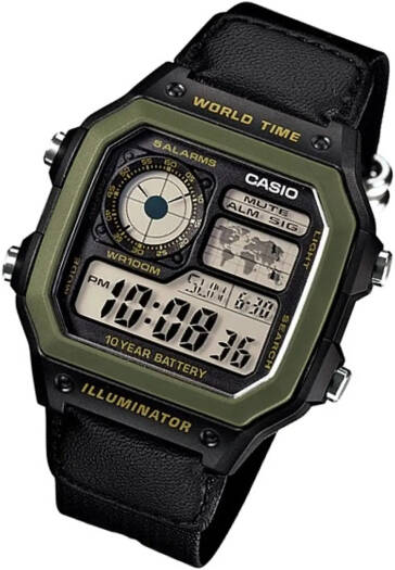 AE-1200WHB-1BV Men’s Digital Watch, World Time, 10-Year Battery, Green & Black