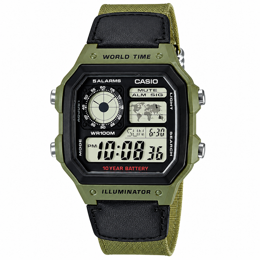 Casio AE-1200WHB-3BV Youth Series Men’s Digital Watch, World Time, Cloth Band, Green
