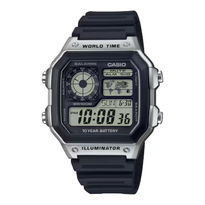 Casio AE-1200WH-1CV Men’s Illuminator Digital Watch, World Time, Black & Silver