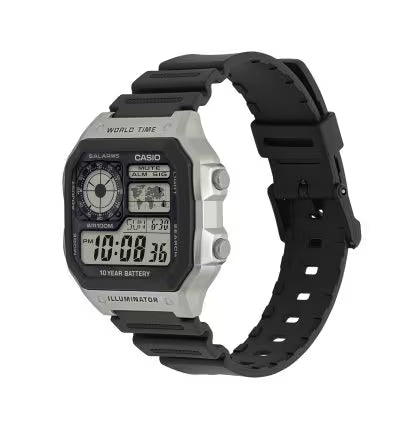 Casio AE-1200WH-1CV Men’s Illuminator Digital Watch, World Time, Black & Silver