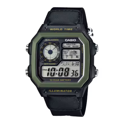 AE-1200WHB-1BV Men’s Digital Watch, World Time, 10-Year Battery, Green & Black