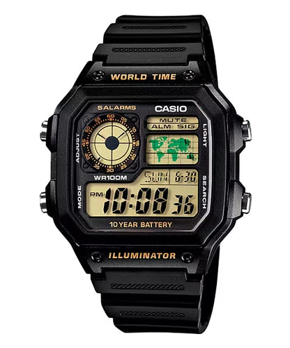 Casio AE-1200WH-1BV World Time Digital Watch, 10-Year Battery, Black