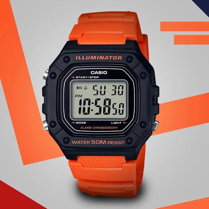 Casio W-218H-4B2V Digital Watch, Alarm, Stopwatch, Orange Resin