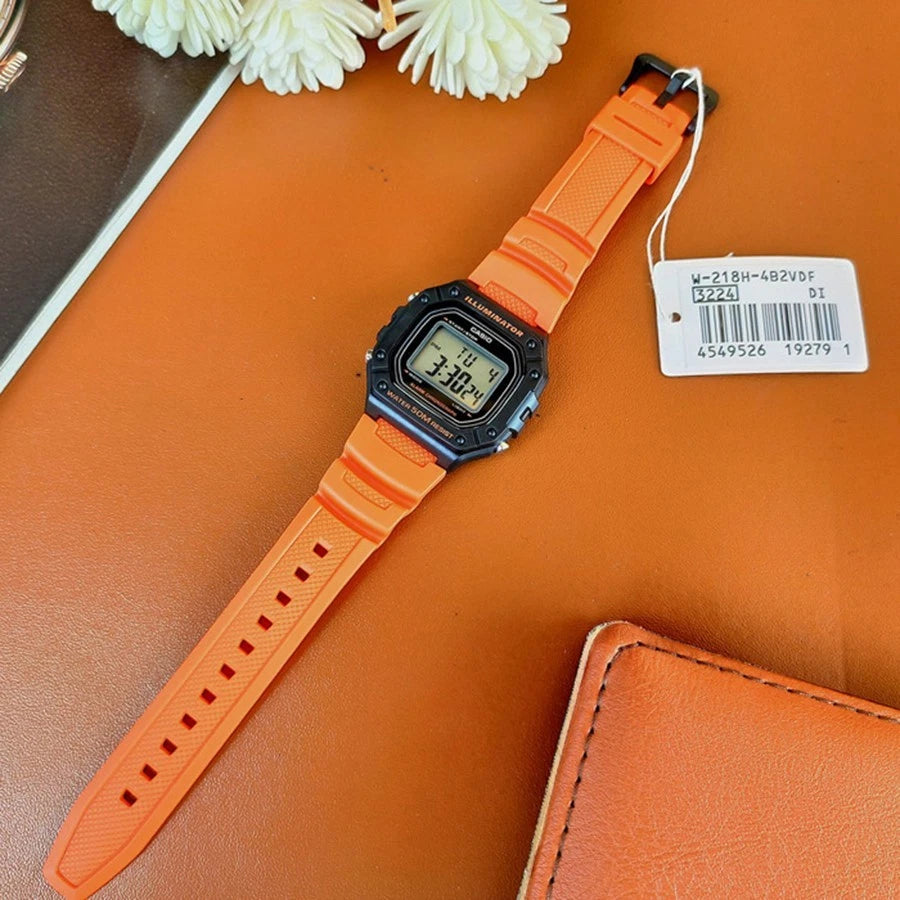 Casio W-218H-4B2V Digital Watch, Alarm, Stopwatch, Orange Resin
