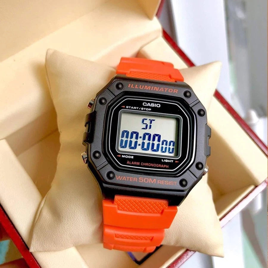 Casio W-218H-4B2V Digital Watch, Alarm, Stopwatch, Orange Resin