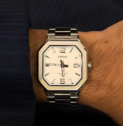 Casio MTP-B195D-7AV Men’s Stainless Steel Watch, White Dial & Date