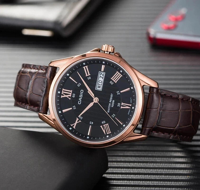 Casio MTP-1384L-1AV Men’s Leather Watch, Black Dial & Rose Gold Case, Day Date