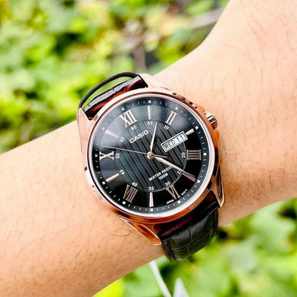 Casio MTP-1384L-1AV Men’s Leather Watch, Black Dial & Rose Gold Case, Day Date