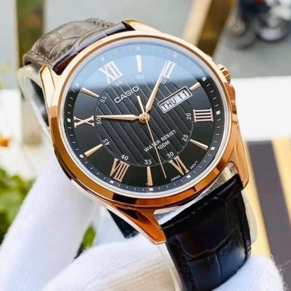 Casio MTP-1384L-1AV Men’s Leather Watch, Black Dial & Rose Gold Case, Day Date