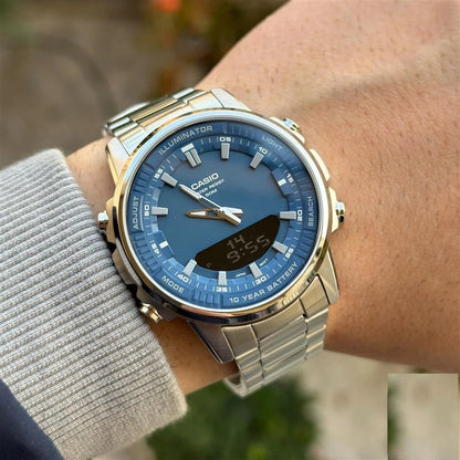 Casio AMW-880D-2A1V Men’s Stainless Steel Watch, Blue Dial, World Time & 10-Year Battery