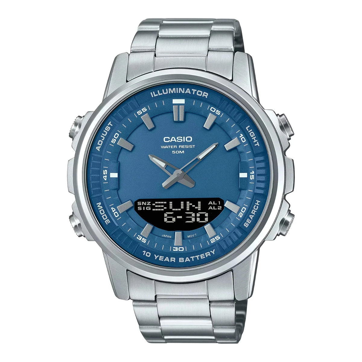 Casio AMW-880D-2A1V Men’s Stainless Steel Watch, Blue Dial, World Time & 10-Year Battery