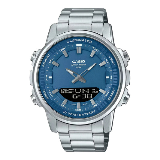 Casio AMW-880D-2A1V Men’s Stainless Steel Watch, Blue Dial, World Time & 10-Year Battery