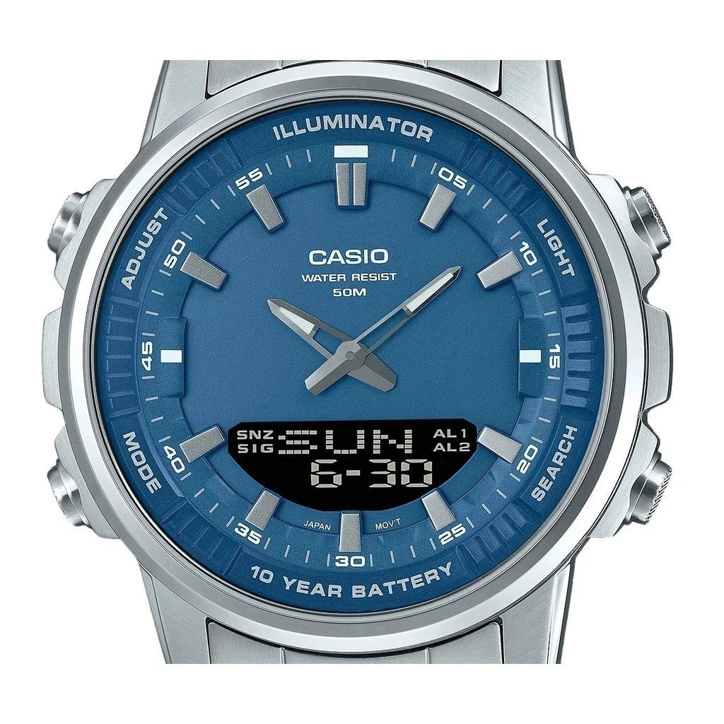 Casio AMW-880D-2A1V Men’s Stainless Steel Watch, Blue Dial, World Time & 10-Year Battery