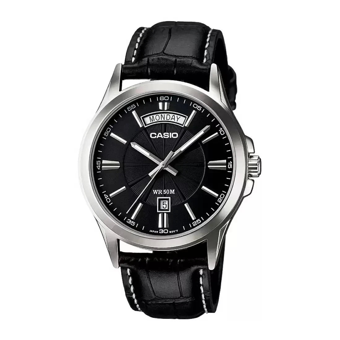 Casio MTP-1381L-1AV Men’s Dress Watch, Black Dial, Leather Strap, Day & Date