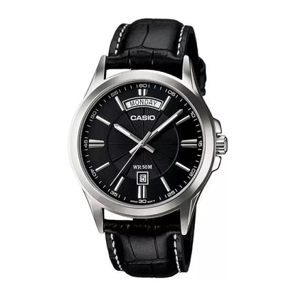 Casio MTP-1381L-1AV Men’s Dress Watch, Black Dial, Leather Strap, Day & Date