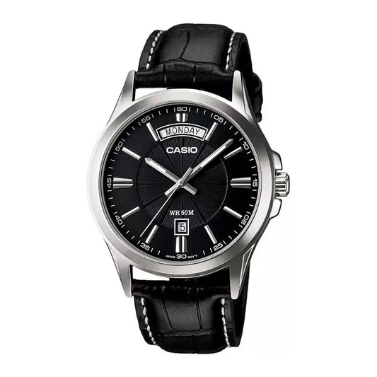 Casio MTP-1381L-1AV Men’s Dress Watch, Black Dial, Leather Strap, Day & Date