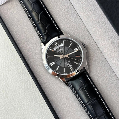 Casio MTP-1381L-1AV Men’s Dress Watch, Black Dial, Leather Strap, Day & Date