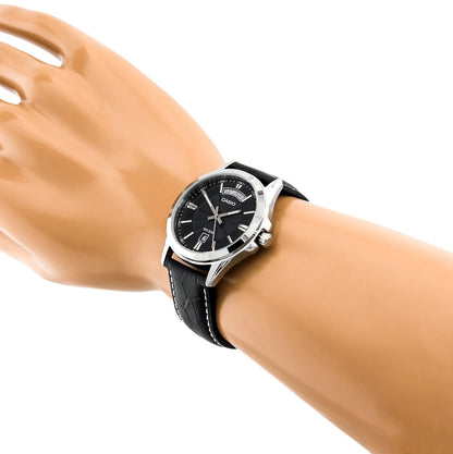 Casio MTP-1381L-1AV Men’s Dress Watch, Black Dial, Leather Strap, Day & Date